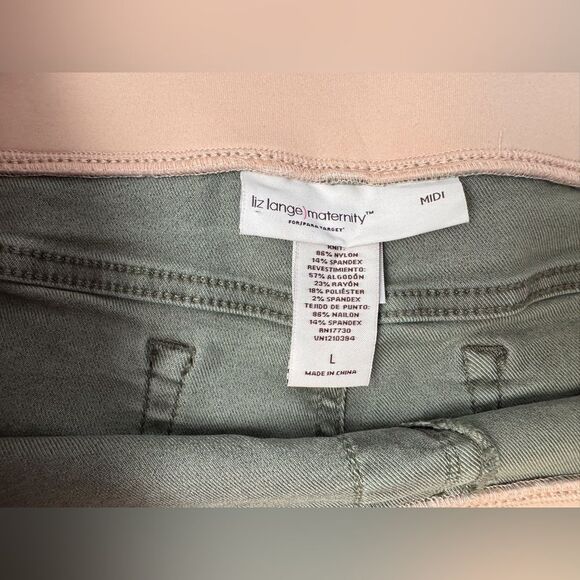 Liz Lange Sage Green Denim Shorts with Light Pink Waistband - Picture 3 of 5